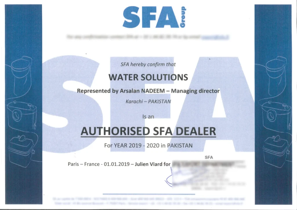 Saniflo Distributorship Certificate 2019-2020 - Water solutions